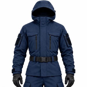 May include: A dark blue tactical uniform consisting of a hooded jacket with multiple zipped pockets and velcro patches on the sleeves, paired with matching cargo trousers. The outfit includes a black utility belt and black tactical gloves.