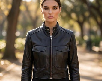 Womens Cropped Leather Jacket, Black Stand Collar Moto, Fall Statement Piece