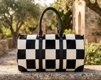 Cowhide Duffel Bag, Black White Checkerboard Leather, Western Statement Handbag