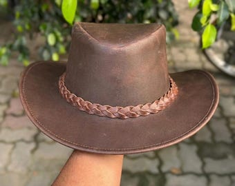 Dark Brown Leather Cowboy Hat, Braided Band Wide Brim Western Outback Design