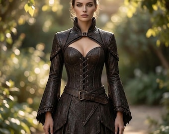 Leather Corset Dress, Fantasy Dragon Scale Design, Medieval LARP Costume