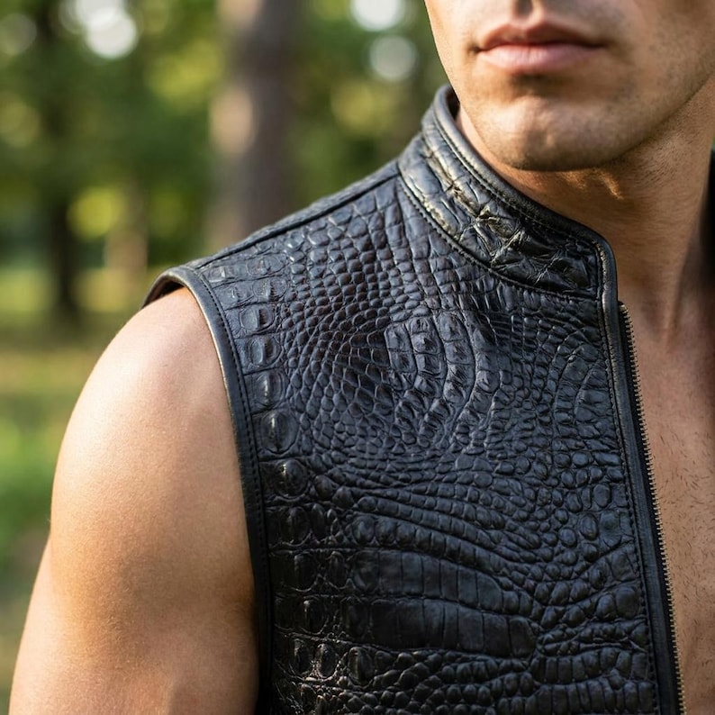 May include: A sleeveless black vest featuring a textured crocodile skin pattern. The garment has a high collar, a full-length front zipper, and visible stitched seams along the edges, providing a structured fit around the shoulders and neck.