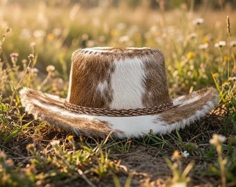Hair On Cowhide Cowboy Hat, Brown White Braided Band Western Style For Halloween