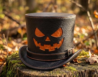 Handmade Pumpkin Face Leather Top Hat, Jack O Lantern Steampunk Costume, Gothic Halloween Cosplay Accessory, Unique Buckle Band
