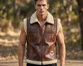 Mens Leather Vest, Shearling Collar Waistcoat, Distressed Brown Gilet, Sherpa Lined Sleeveless Jacket, Western Fall Gift For Him