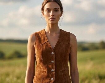 Womens Suede Leather Vest, Brown Western Waistcoat, Boho Cowgirl Style, Concho Button Gift For Her, Handmade Sleeveless Jacket
