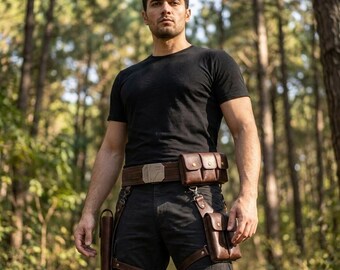 Leather Utility Belt, Adventurer Set with Thigh Pouch, Fantasy LARP Cosplay Gear