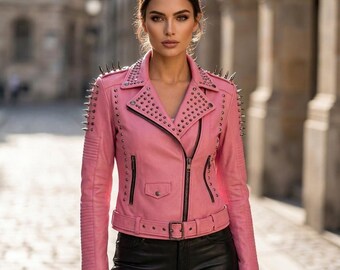 Pink Studded Leather Jacket, Spiked Biker Coat For Women, Punk Rock Moto Outerwear, Belted Edgy Style, Christmas Gift