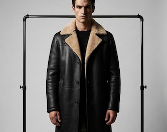 Mens Shearling Leather Coat, Genuine Lambskin Aviator Overcoat Black Style