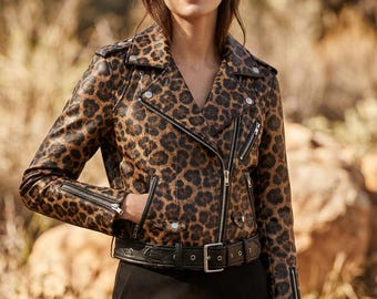 Leopard Print Leather Jacket for Women, Belted Biker Style with Asymmetric Zip