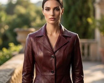 Burgundy Leather Blazer Coat, Fitted Notch Lapel Womens Style For Christmas