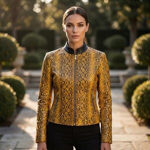 Womens Snake Print Leather Jacket, Yellow Python Embossed Biker Coat, Genuine Leather Moto Jacket, Handmade Gift For Her.