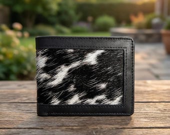 Black Leather Bifold Wallet, Cow Print Hair On Hide Panel Stitched Border Mens