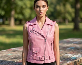 Pink Leather Moto Vest, Womens Sleeveless Biker Jacket, Belted Zip Up Waistcoat, Edgy Streetwear Style, Fall Birthday Gift For Her
