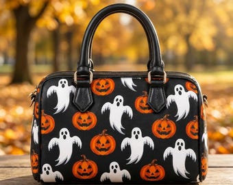 Ghost Pumpkin Boston Bag, Halloween Barrel Purse, Spooky Satchel Crossbody, Vegan Leather Mini Handbag, Novelty Fall Gift