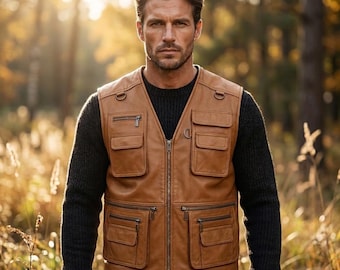 Leather Utility Vest, Mens Multi Pocket Waistcoat, Tan Cargo Gilet For Him, Travel Fishing Hunting Wear, Christmas Gift