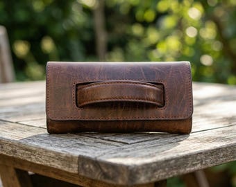 Distressed Leather Clutch Wallet, Brown Trifold Purse with Handle Strap