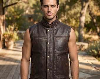 Mens Leather Vest, Distressed Brown Biker Waistcoat, Sleeveless Cowhide Gilet, Fathers Day Gift, Rugged Multi Pocket Outerwear