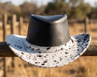 Black Leather Cowboy Hat, Speckled Hair-On Cowhide Brim Side Eyelets Slip-On