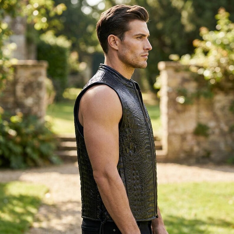 May include: A sleeveless black vest featuring a textured crocodile skin pattern throughout the exterior. The garment has a high neckline, a full-length front zipper closure, and visible lacing details along the side seams for an adjustable fit.