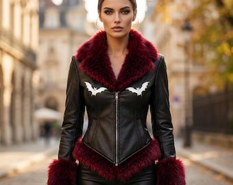 Black Leather Jacket, Fur Collar Biker Coat, Gothic Moto Outerwear, Vampire Corset Style For Women, Christmas Gift