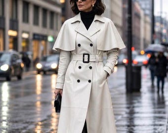 Leather Cape Coat Women, Belted Trench Style, Fall Winter Statement Coat
