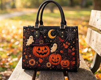 Halloween Leather Tote Bag, Printed Pumpkin Purse, Quilted Black Handbag, Spooky Gift For Her, Ghost Moon Design