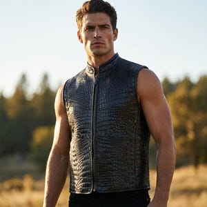 May include: A sleeveless black vest featuring a textured crocodile skin pattern throughout the exterior. The garment includes a high collar and a full-length vertical zipper closure running down the center front, providing a structured fit.