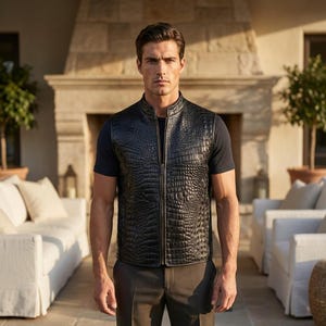 Chaleco de cuero para hombre, chaleco de piel de cordero con relieve de cocodrilo, chaqueta de motorista negra sin mangas, chaleco con cremallera frontal, regalo para él.