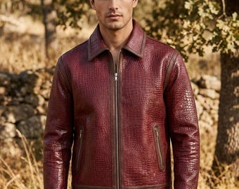 Biker Style Crocodile Embossed Leather Jacket, Burgundy Mens Zip Pocket Coat
