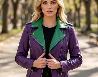 Purple Leather Jacket, Green Contrast Biker Coat For Women, Two Tone Moto Outerwear, Bold Color Block Style, Christmas Gift
