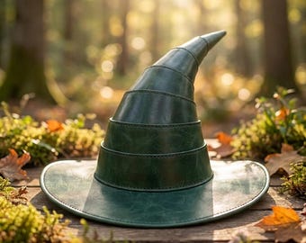 Leather Witch Hat, Curled Cone Ribbed Design, Halloween Cosplay Costume