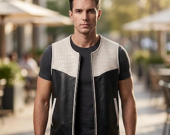Crocodile Embossed Leather Vest Men, Black Zip Front Waistcoat With Cream Panels