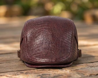 Leather Flat Cap, Crocodile Embossed Burgundy Design, Vintage Gatsby Style
