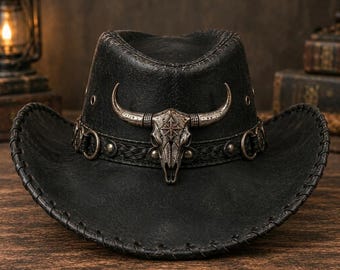 Black Leather Cowboy Hat, Distressed Bull Skull Braided Band, Western Rodeo Wear