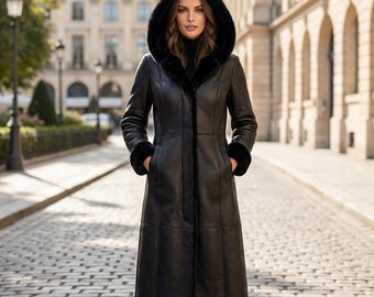 Womens Shearling Coat, Black Hooded Long Sheepskin Leather, Everyday City Wear