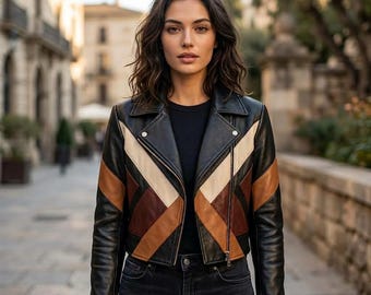 Leather Biker Jacket Women, Colorblock Moto Coat, Handmade Patchwork Racer, Christmas Gift For Her