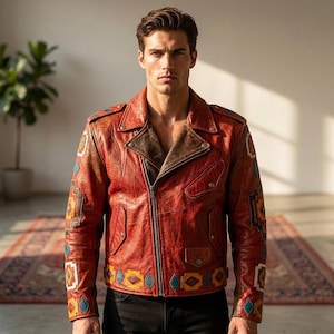 Southwestern Patchwork Leather Jacket, Aztec Diamond Biker Coat For Men, Distressed Red Motorcycle Outfit, Handmade Tribal Gift