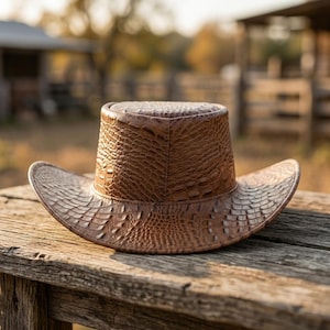 Puede incluir: Un sombrero marrón con una textura de piel de cocodrilo, que presenta una corona plana y un ala ancha y curvada. El sombrero está fabricado con un material que tiene un patrón en relieve de escamas repetidas en toda la superficie exterior.
