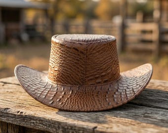 Rustic Western Leather Cowboy Hat, Crocodile Embossed Wide Brim Design
