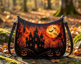Halloween Leather Crossbody Bag, Haunted House Shoulder Bag, Pumpkin Moon Purse, Gothic Gift For Her, Witchy Fall Accessory