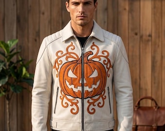 Mens Leather Jacket, Pumpkin Halloween Design, Jack O Lantern Biker Style, Statement Motorcycle Coat, Costume Gift For Him