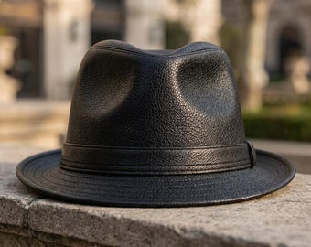Black Pebbled Leather Fedora Hat, Belted Band Detail Rounded Brim Unisex Casual
