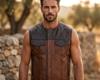 Motorcycle Club Vest, Mens Two Tone Leather Waistcoat, Perforated Cowhide Biker Cut, Concealed Carry Style, Gift For Rider