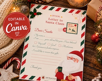 Editable Letter to Santa Template, Printable Christmas Wish List, Canva Template, Instant Digital Download, Kids Christmas Activity