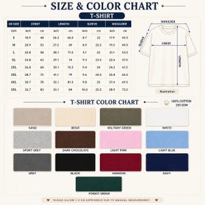 Puede incluir: Una tabla de tallas y colores para camisetas, con medidas en pulgadas y cent&iacute;metros para las tallas S a 5XL. Una ilustraci&oacute;n muestra los puntos de hombro, manga, pecho y largo. La carta de colores incluye 13 muestras de tela diferentes.