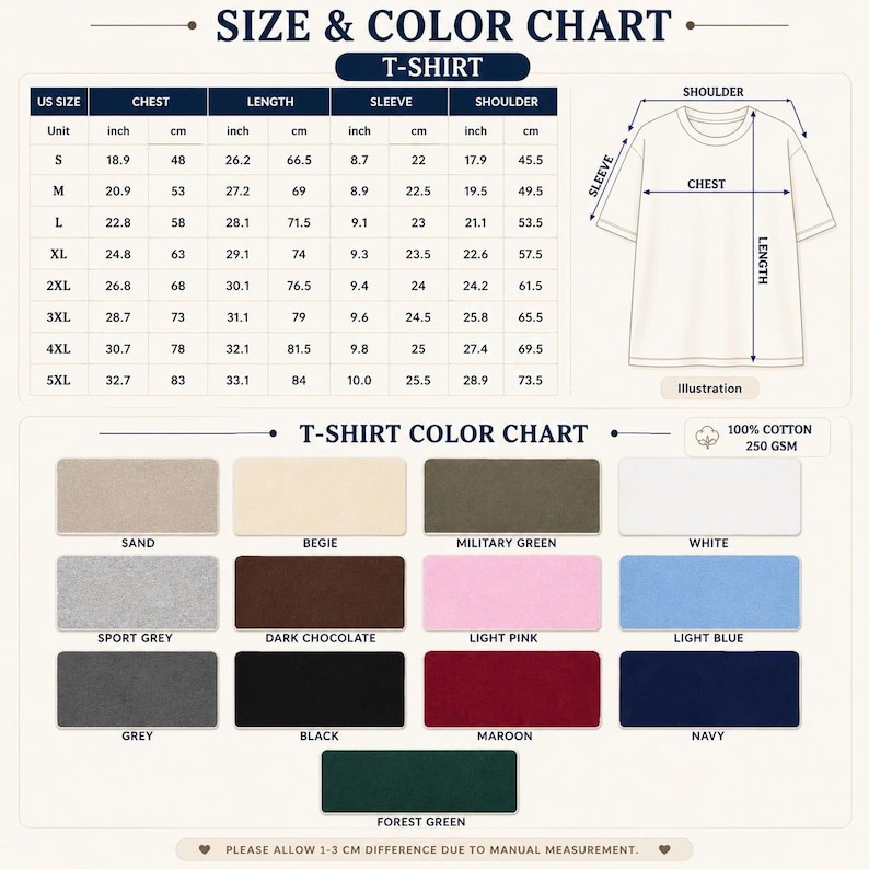 Puede incluir: Una tabla de tallas y colores para camisetas, con medidas en pulgadas y cent&iacute;metros para las tallas S a 5XL. Una ilustraci&oacute;n muestra los puntos de hombro, manga, pecho y largo. La carta de colores incluye 13 muestras de tela diferentes.