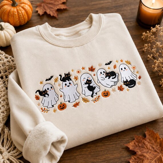 Cat Mama Halloween Embroidered Shirt, Cute Ghost Cat Sweatshirt, Spooky Season Tee, Funny Fall Shirt, Halloween Gift for Cat Lover