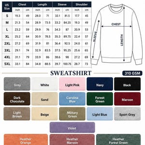 Puede incluir: Una tabla de tallas para sudadera con tallas estadounidenses de S a 5XL, que incluye medidas de pecho, largo, manga y hombro en pulgadas y cent&iacute;metros. Un dibujo lineal de la sudadera muestra los puntos de medici&oacute;n y una paleta de colores.