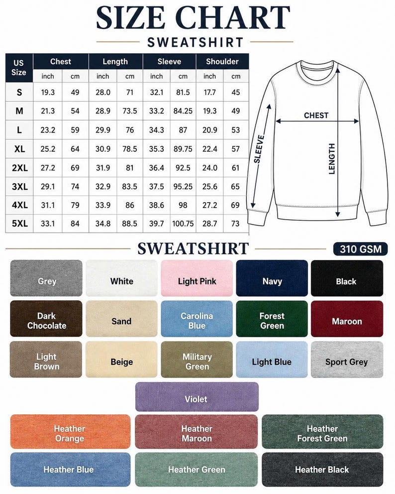Puede incluir: Una tabla de tallas para sudadera con tallas estadounidenses de S a 5XL, que incluye medidas de pecho, largo, manga y hombro en pulgadas y cent&iacute;metros. Un dibujo lineal de la sudadera muestra los puntos de medici&oacute;n y una paleta de colores.
